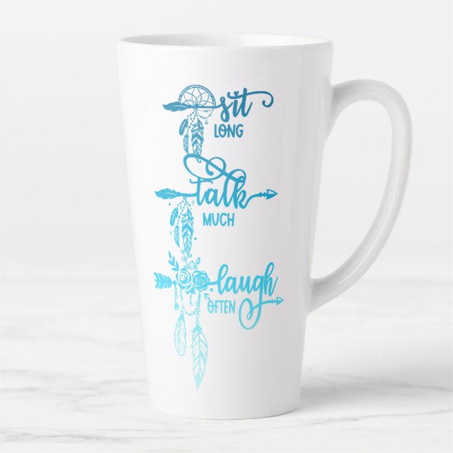 Caneca De Café Latte Sit, Talk, Laugh, Blue Ombre Boho Latte Mug (Direita)