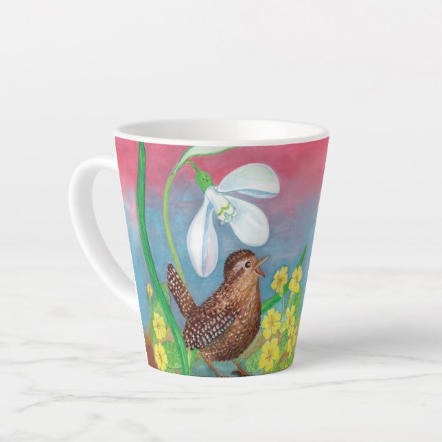 Caneca De Café Latte Snowdrop e wren bird convocam as crianças primaver (Ângulo esquerdo)