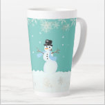 Caneca De Café Latte Snowman Art Christmas Feliz in Happy Say<br><div class="desc">Caneca de café alta para o feriado. Flocos de neve caídos e uma ilustração bonitinha de neve sobre cor verde-turquesa com sua escolha de dizer. "Feliz e feliz" é o texto de exemplo.</div>