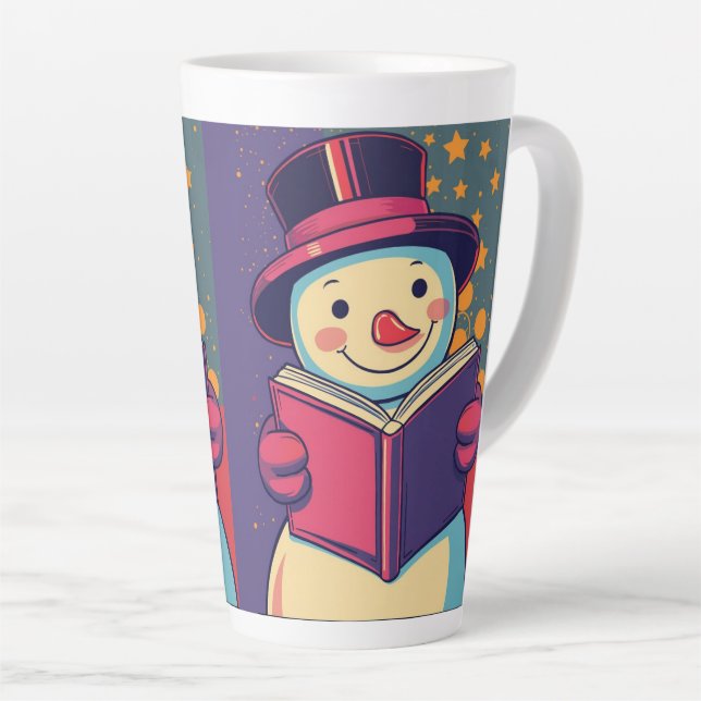 Caneca De Café Latte Snowman gosta de ler um livro, lindos contos (Ângulo direito)