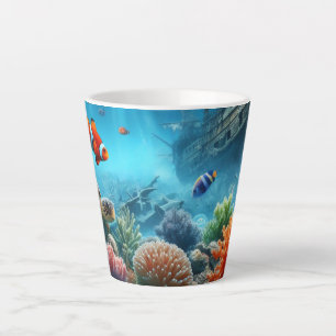 Caneca De Café Latte Sob o mar, tartaruga, coral, navio, palhaço