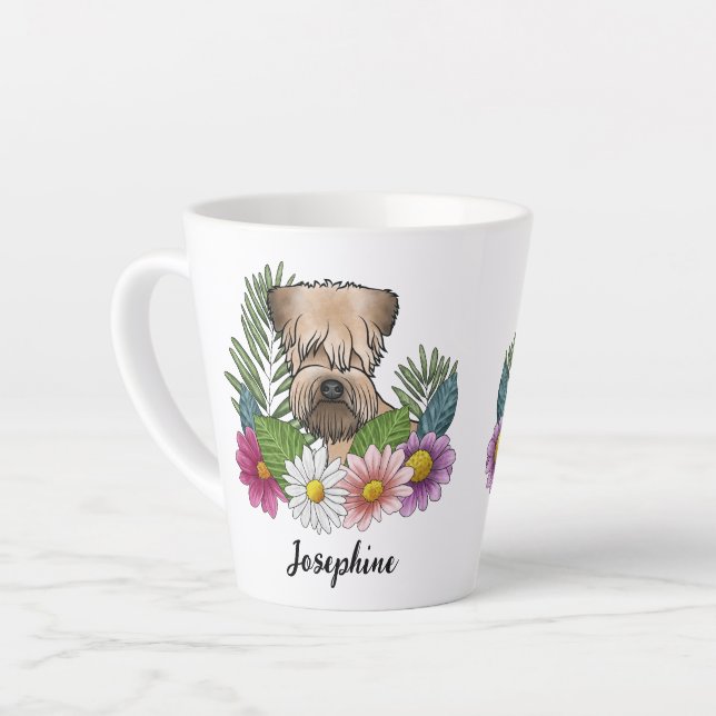 Caneca De Café Latte Soft-Coated Wheaten Terrier Com Flores E Nome (Ângulo esquerdo)