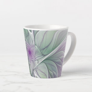 Caneca De Café Latte Sonho de Flor, Arte Fractal Verde Abstrato púrpura