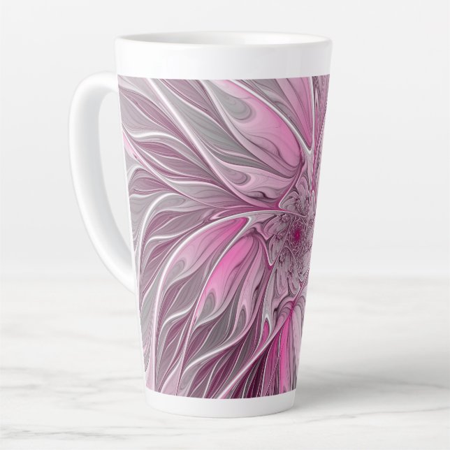 Caneca De Café Latte Sonho de Flor Rosa, Arte Fractal, Fantasia Floral (Ângulo esquerdo)