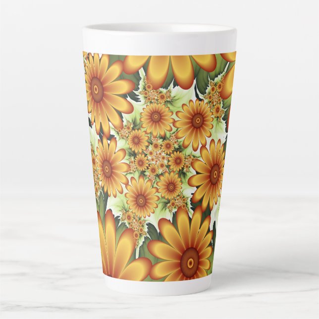 Caneca De Café Latte Sonho Floral, Arte Fractal Moderna de Flor Abstrat (Frente)