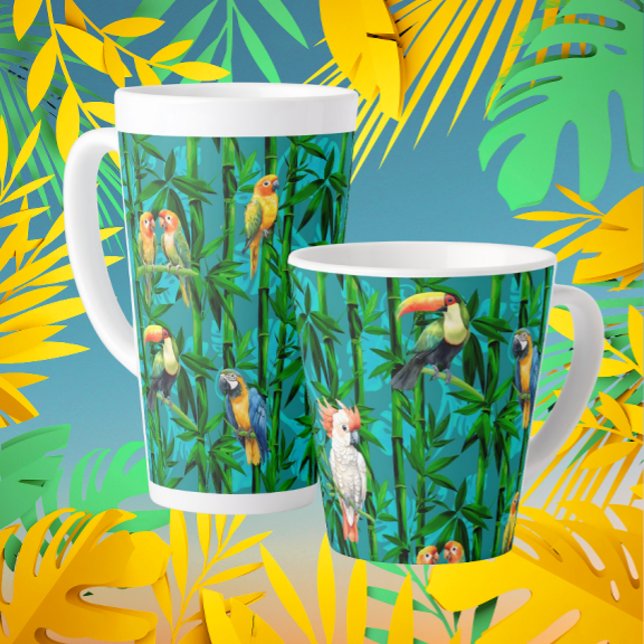 Caneca De Café Latte Sonhos da Floresta Tropical Bambu Pássaros (Criador carregado)