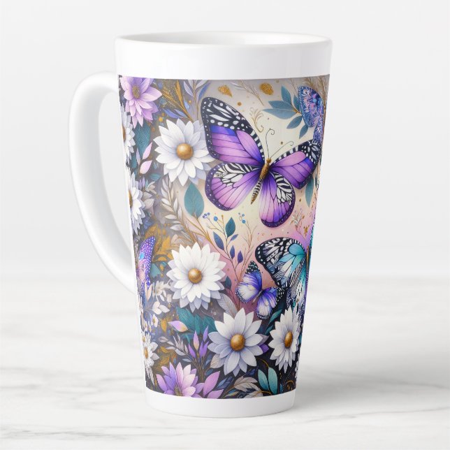 Caneca De Café Latte Sonhos de Borboleta Floral  (Ângulo esquerdo)