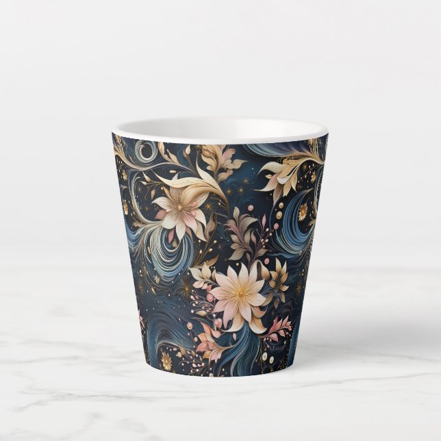 Caneca De Café Latte Sophisticated Gold Flowers On Navy Blue (Frente)
