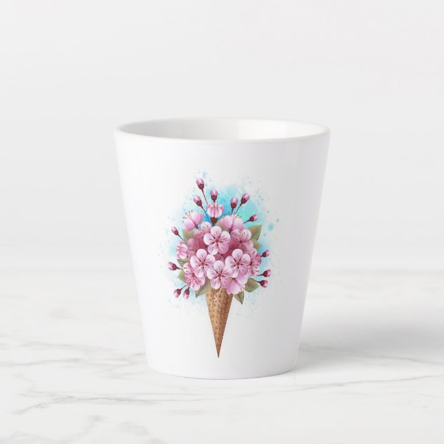 Caneca De Café Latte Sorvete Waffle Rosa Sakura Cone (Frente)