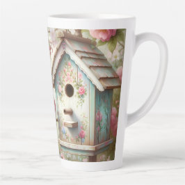 Caneca De Café Latte Spring Birdhouse With Pastel Flowers And Bird