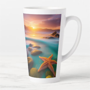 Caneca De Café Latte Starfish na praia no Dawn