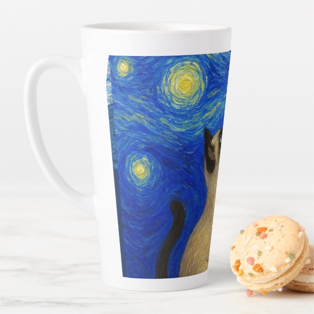 Caneca De Café Latte Starry Night Siamese Cat Moon  (In Situ)