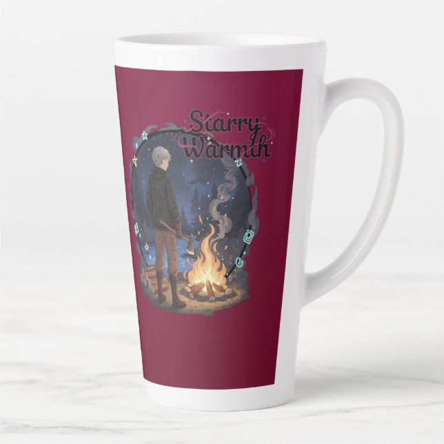 Caneca De Café Latte Starry Warmth - Lumberjack Anime Boy by Campfire (Direita)