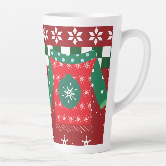 Caneca De Café Latte Suéter Feio-Neve Padrão Verde Vermelho (Direita)