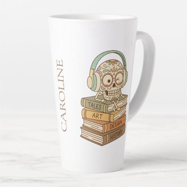 Caneca De Café Latte Sugar Skull Passionate About Reading (Ângulo direito)