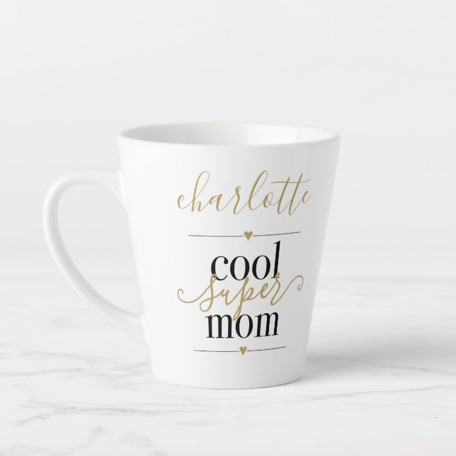 Caneca De Café Latte Super Mãe Legal Personalizada Preta E Latão Dourad (Esquerda)