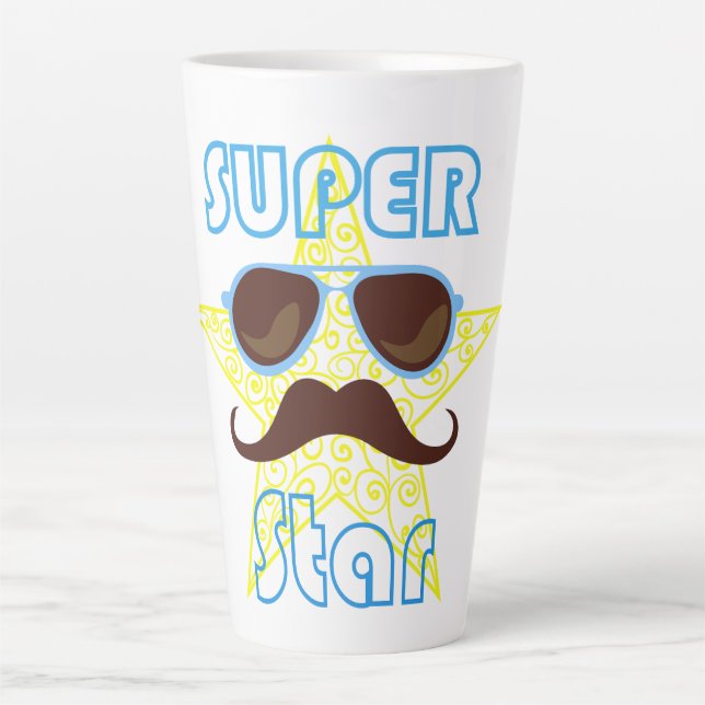 Caneca De Café Latte Super Star com óculos de sol e bigode (Frente)