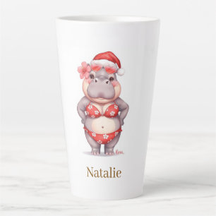 Caneca De Café Latte Surfista Hipopótamo em Biquíni Vermelho para o Nat