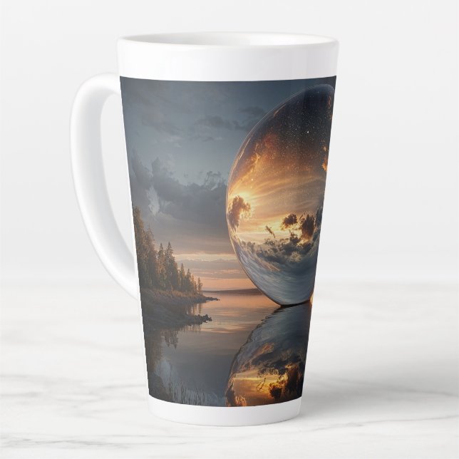 Caneca De Café Latte Surreal Reflective Sphere With Sunset Clouds Over  (Ângulo esquerdo)