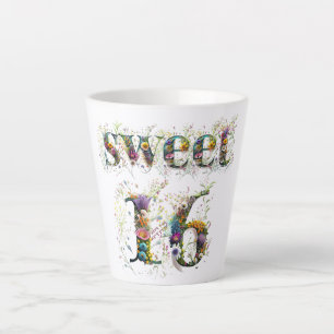 Caneca De Café Latte Sweet 16 Happy Birthday Wildflower Text