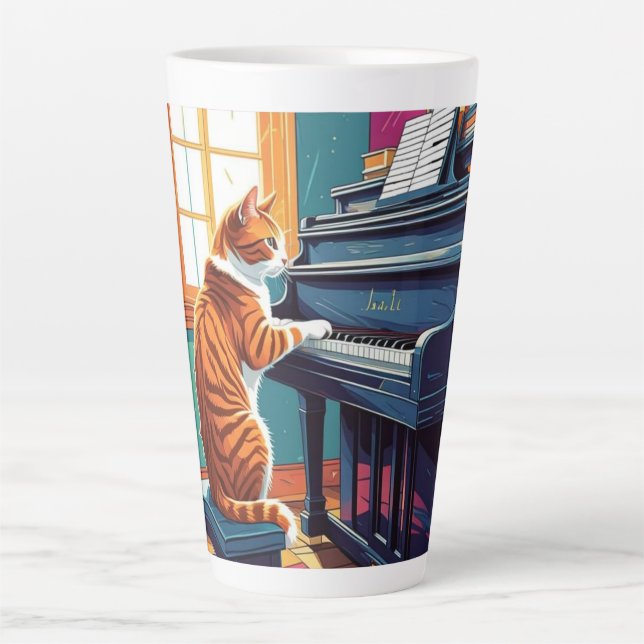 Caneca De Café Latte Tabby Cat Tocando o Piano (Frente)