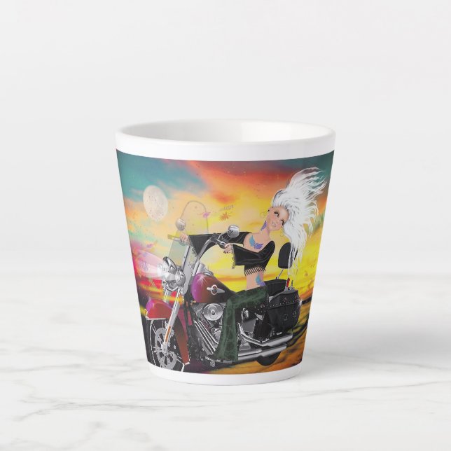 Caneca De Café Latte Taça de Motocicleta Biker Babe Fantasy (Frente)