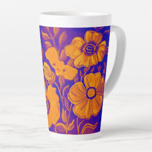 Caneca De Café Latte Taça Floral Laranja e Roxo