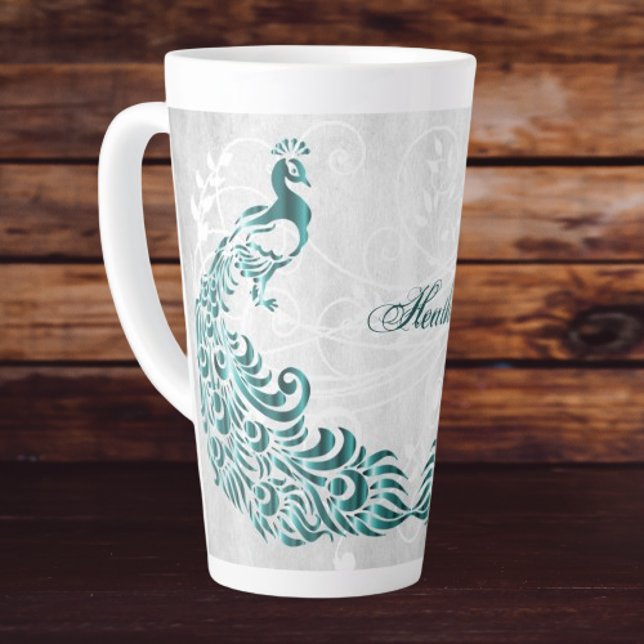 Caneca De Café Latte Tal Peacock Personalizado Latte Mug (Teal Peacock Personalized Latte Mug)