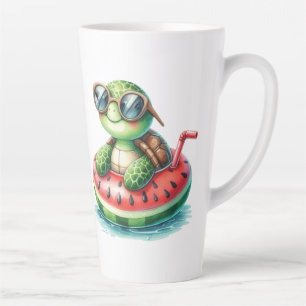 Caneca De Café Latte Tartaruga Em Uma Melancia Flutuante