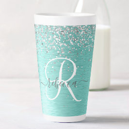 Caneca De Café Latte Teal Brugado Metal Silver Glitter Nome Monograma