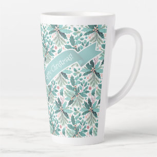 Caneca De Café Latte Teal Christmas Holly Berries Pattern#17 ID1009