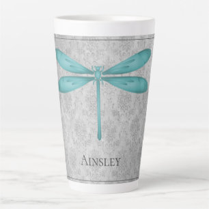 Caneca De Café Latte Teal Dragonfly Damask