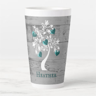 Caneca De Café Latte Teal Tree of Hearts Personalised Latte Mug