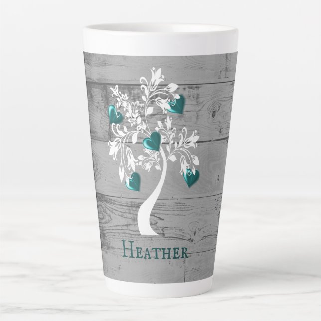 Caneca De Café Latte Teal Tree of Hearts Personalised Latte Mug (Frente)