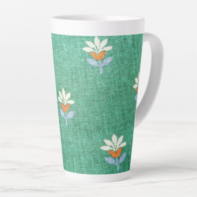 Caneca De Café Latte Tecido Verde com Flores (Ângulo direito)