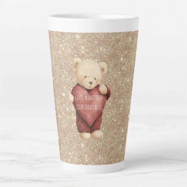 Caneca De Café Latte Teddy Bear Red Heart Gold Glitter (Frente)