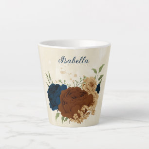 Caneca De Café Latte terracota azul marinho floral