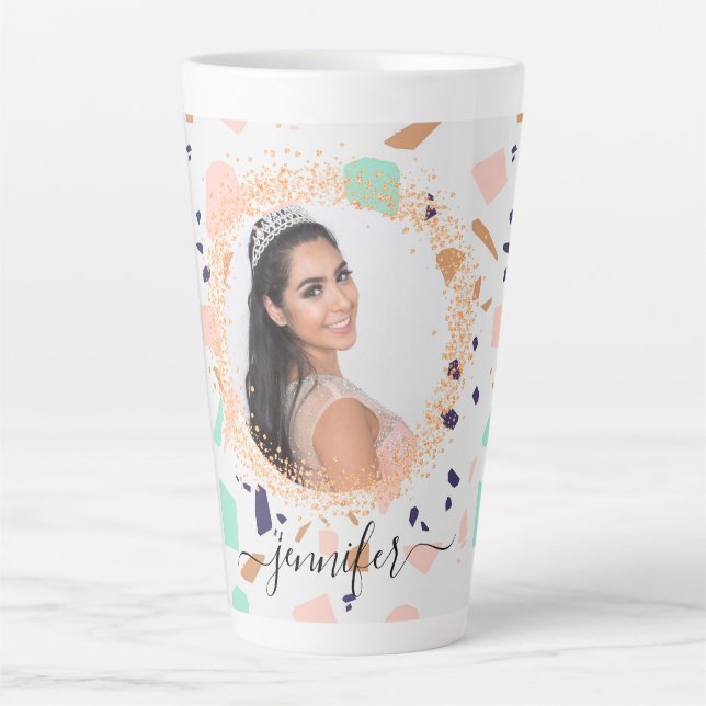 Caneca De Café Latte Terrazzo rosa gold hort, foto-name script (Frente)