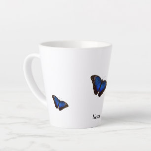 Caneca De Café Latte Texto Personalizado das Bordas Azuis Morpho