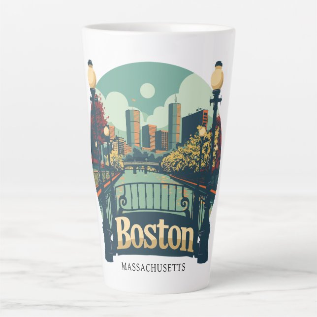 Caneca De Café Latte Texto Personalizado em Boston Massachusetts (Frente)