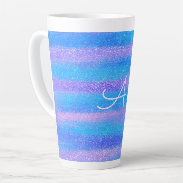Caneca De Café Latte Tiras Iridescentes Shimmery Rosa Turquesa (Ângulo esquerdo)