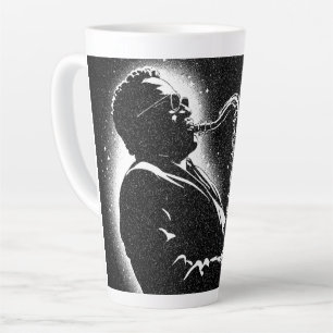 Caneca De Café Latte Toca Saxofone Estilo Gráfico BW anos 50