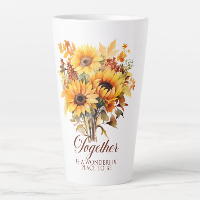 Caneca De Café Latte Together in Fall – Sunflowers, Leaves & Love (Frente)