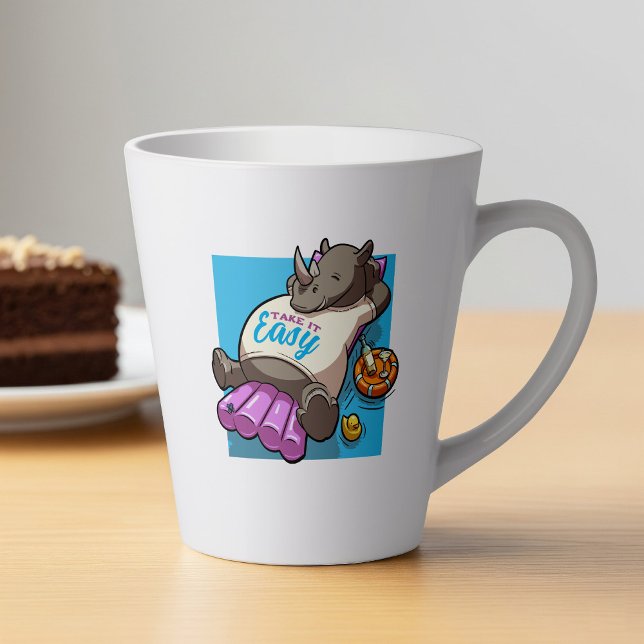 Caneca De Café Latte Tome Fácil Cartoon De Piscina Rino Engraçado (Criador carregado)