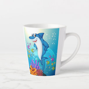 Caneca De Café Latte Toon de Tubarão Feliz-23685