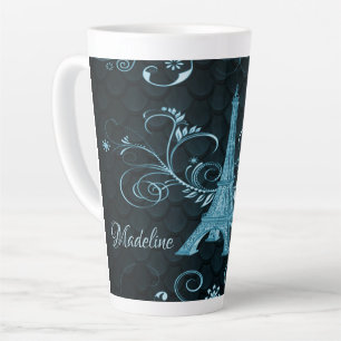 Caneca De Café Latte Torre Eiffel Torre Blue Floral Swirings