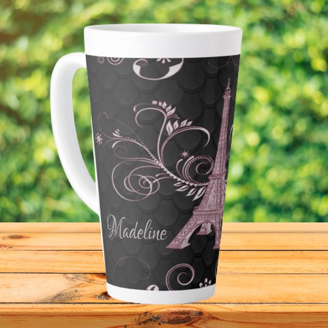 Caneca De Café Latte Torre Eiffel, Torre Rosa, Pia, (Pink Eiffel Tower Floral Swirls Latte Mug)