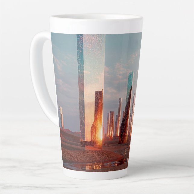 Caneca De Café Latte Torres Espelhadas Surreais Futuristas No Deserto (Ângulo esquerdo)