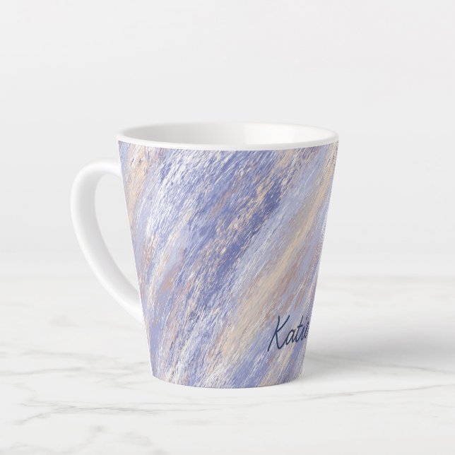 Caneca De Café Latte Traços de Tinta Abstrato Azul e bege Mensal (Ângulo esquerdo)