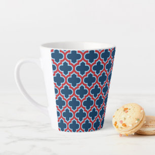 Caneca De Café Latte Trellis, Latice, Quatrefoil, azul e vermelho marro